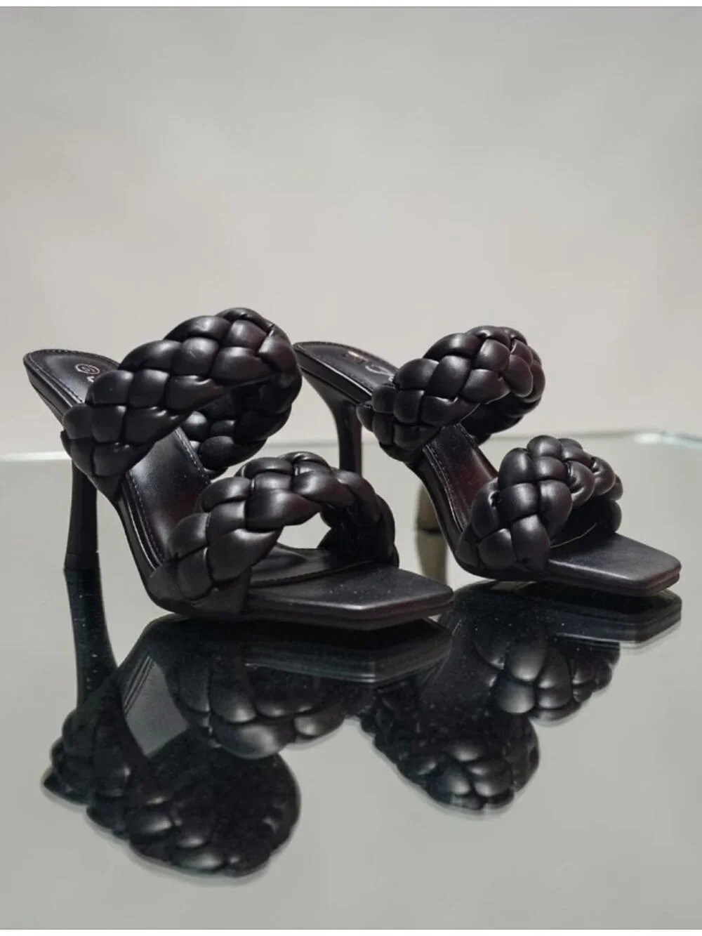 Braided Double Strap Black Heeled Sandals With Square Toe Design For Women